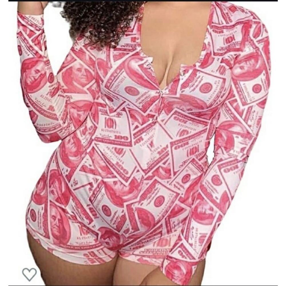 Sexy Pink Money Print Romper Bodysuit Women’s XL Club Party Stretch Bodycon